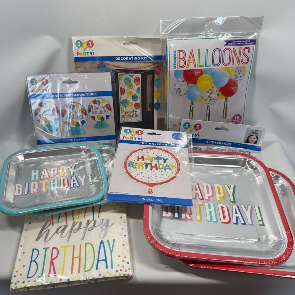 D34   10 piece Party Decorations- Primary colors balloons, door and table decor,
